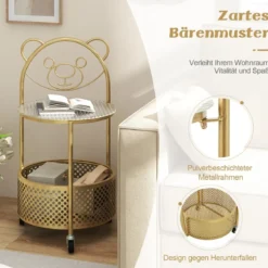 Beistelltisch Glas mit Rollen 2-stufiger Glastisch rund mit Bärenmuster Gold/Weiß