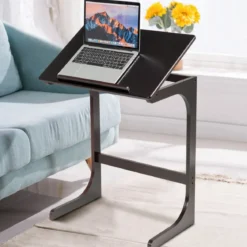 Beistelltisch Laptoptisch C-förmig Kaffeetisch Computertisch Bambus Stehtisch mit Metallgestell Couchtisch Braun