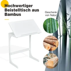 Beistelltisch Laptoptisch C-förmig Kaffeetisch Computertisch Bambus Stehtisch mit Metallgestell Couchtisch Weiß