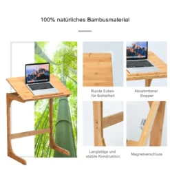 Beistelltisch Laptoptisch C-förmig Kaffeetisch Computertisch Bambus Stehtisch mit Metallgestell Couchtisch Natur
