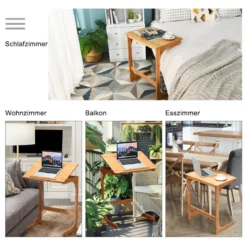 Beistelltisch Laptoptisch C-förmig Kaffeetisch Computertisch Bambus Stehtisch mit Metallgestell Couchtisch Natur