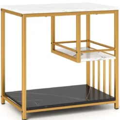 Beistelltisch Marmor Optik 3-stufiger Nachttisch mit Metallrahmen Couchtisch modern Wohnzimmertisch Weiß