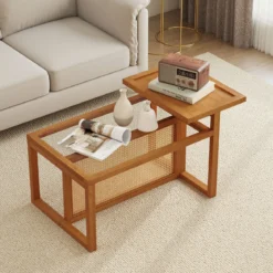 Beistelltisch mit 2 Ebenen Couchtisch mit Gehärteter Glasplatte 102 x 56 x 56 cm Natur