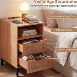 Beistelltisch mit Ladestation & 2 Schubladen Nachttisch aus Ratten & Holz Sofatisch Natur