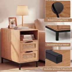 Beistelltisch mit Ladestation & 2 Schubladen Nachttisch aus Ratten & Holz Sofatisch Natur