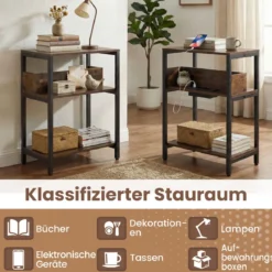 Beistelltisch mit Ladestation 3-stufiger Endtisch mit offenen Aufbewahrungsregalen Nachttisch Rustikal Braun