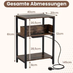 Beistelltisch mit Ladestation 3-stufiger Endtisch mit offenen Aufbewahrungsregalen Nachttisch Rustikal Braun