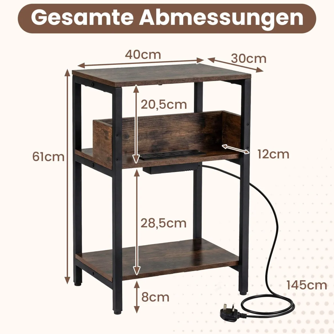 Beistelltisch mit Ladestation 3-stufiger Endtisch mit offenen Aufbewahrungsregalen Nachttisch Rustikal Braun