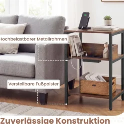 Beistelltisch mit Ladestation 3-stufiger Endtisch mit offenen Aufbewahrungsregalen Nachttisch Rustikal Braun