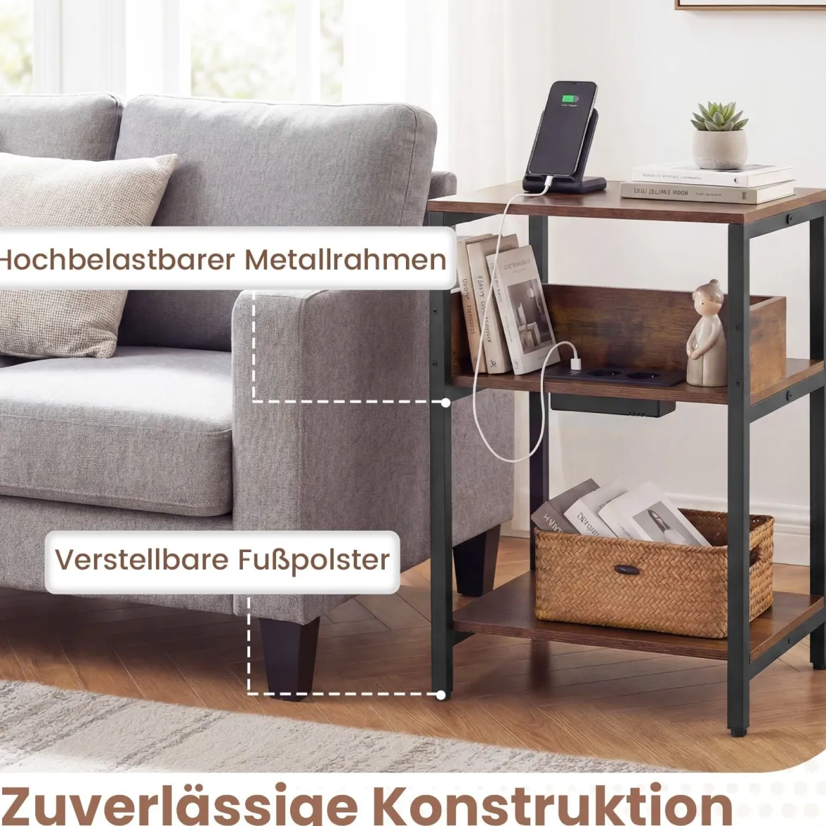 Beistelltisch mit Ladestation 3-stufiger Endtisch mit offenen Aufbewahrungsregalen Nachttisch Rustikal Braun