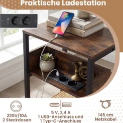 Beistelltisch mit Ladestation 3-stufiger Endtisch mit offenen Aufbewahrungsregalen Nachttisch Rustikal Braun