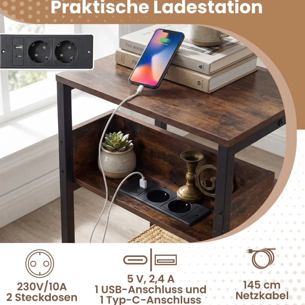 Beistelltisch mit Ladestation 3-stufiger Endtisch mit offenen Aufbewahrungsregalen Nachttisch Rustikal Braun
