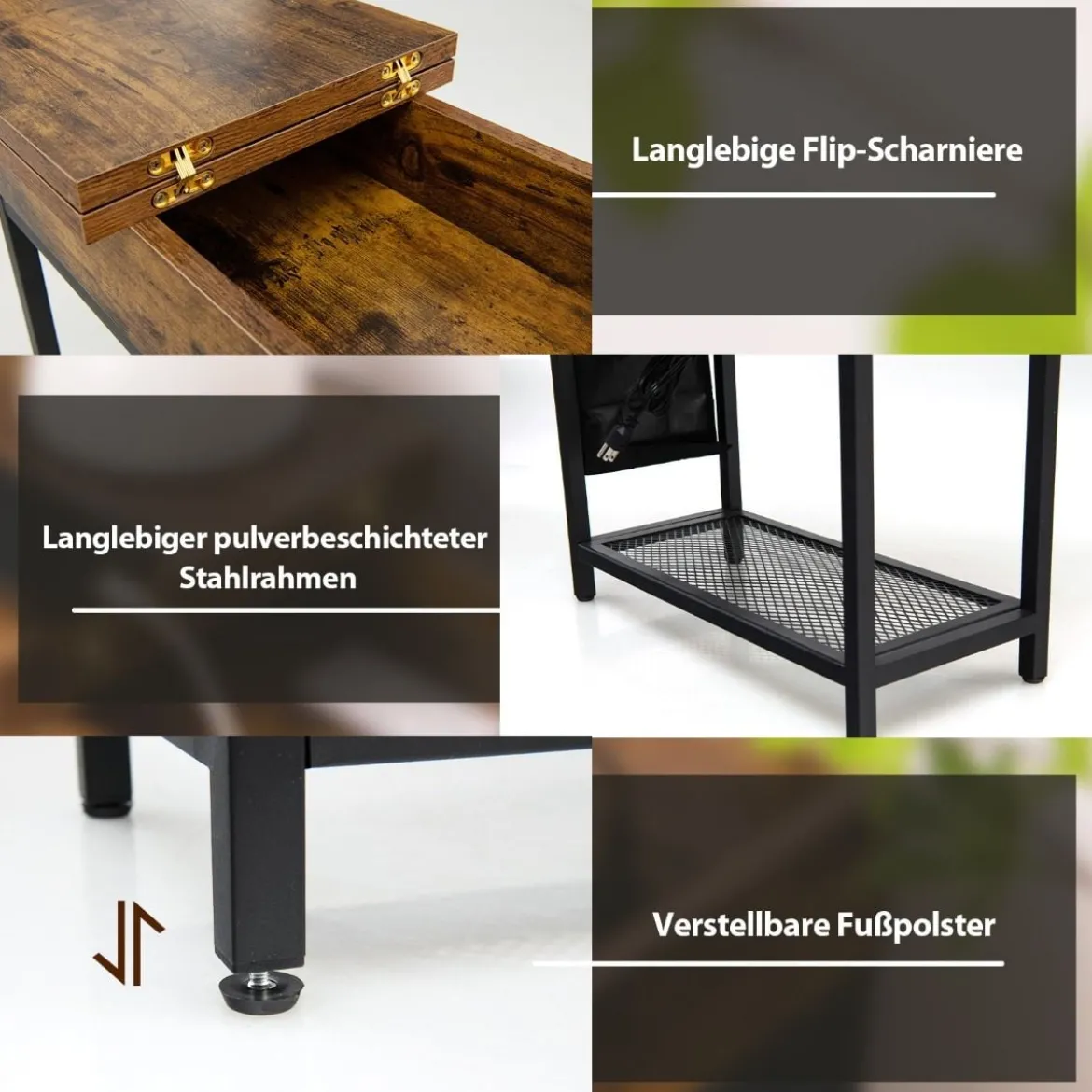 Beistelltisch mit Ladestation Schmaler Couchtisch 60 x 30 x 58,5 cm Braun