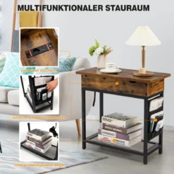 Beistelltisch mit Ladestation Schmaler Couchtisch 60 x 30 x 58,5 cm Braun