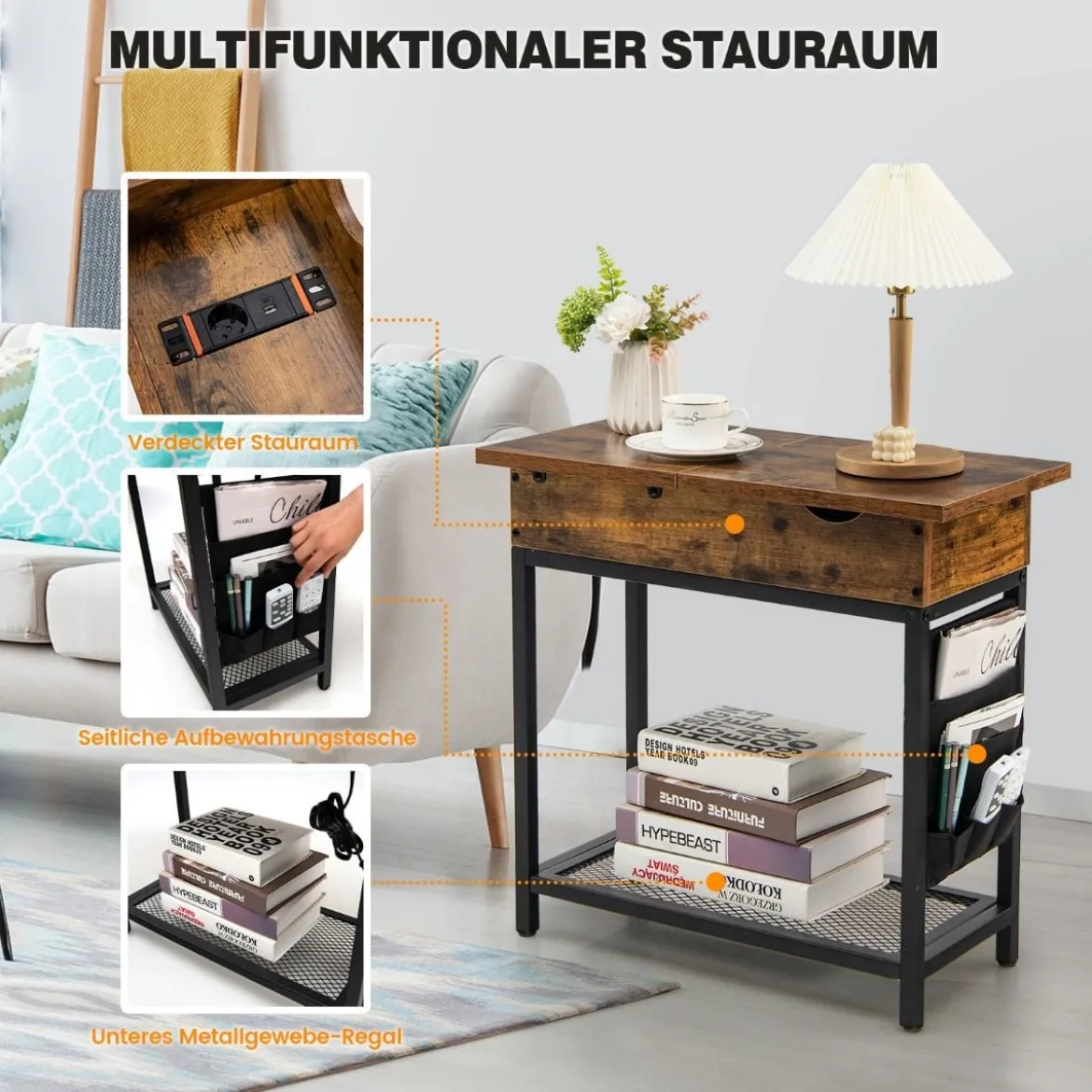Beistelltisch mit Ladestation Schmaler Couchtisch 60 x 30 x 58,5 cm Braun