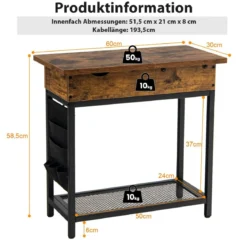 Beistelltisch mit Ladestation Schmaler Couchtisch 60 x 30 x 58,5 cm Braun