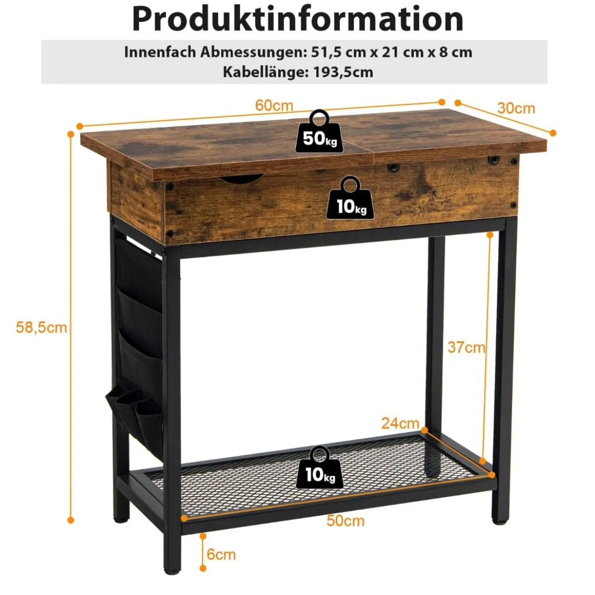 Beistelltisch mit Ladestation Schmaler Couchtisch 60 x 30 x 58,5 cm Braun