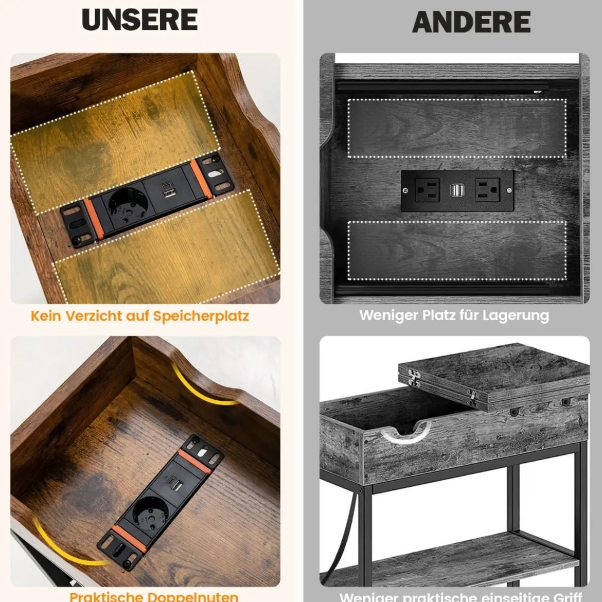 Beistelltisch mit Ladestation Schmaler Couchtisch 60 x 30 x 58,5 cm Braun