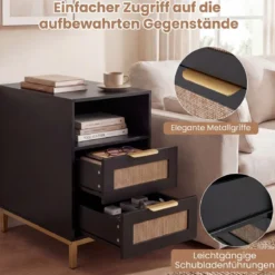 Beistelltisch mit Ladestation & 2 Schubladen Nachttisch aus Ratten & Holz Sofatisch Schwarz