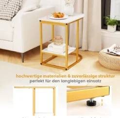 Beistelltisch mit Marmor Optik 2-stöckiger Sofatisch mit Ablagefläche C Form Kaffeetisch