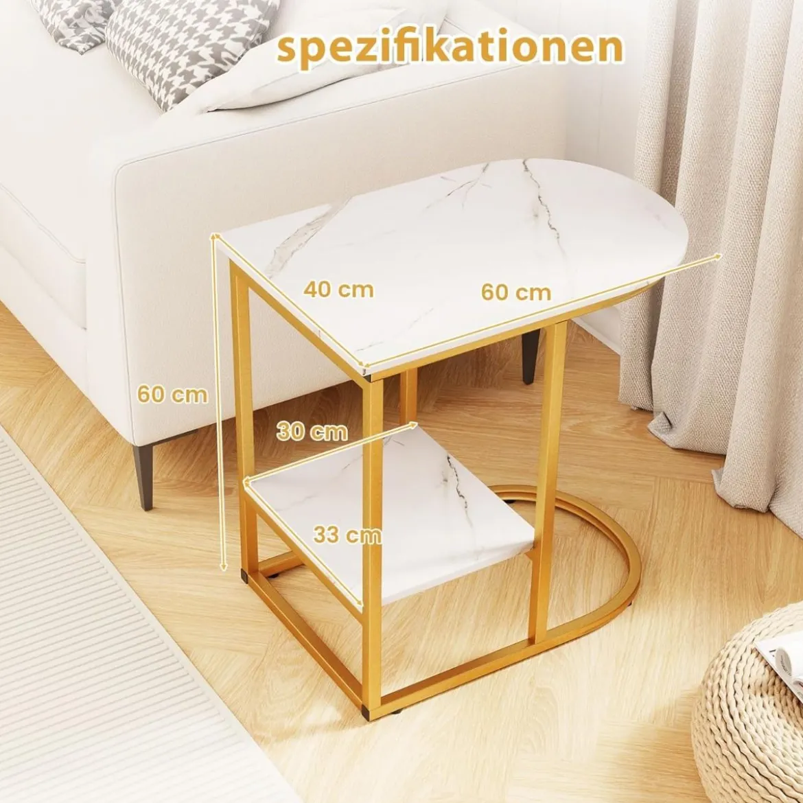 Beistelltisch mit Marmor Optik 2-stöckiger Sofatisch mit Ablagefläche C Form Kaffeetisch