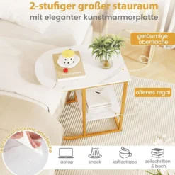 Beistelltisch mit Marmor Optik 2-stöckiger Sofatisch mit Ablagefläche C Form Kaffeetisch