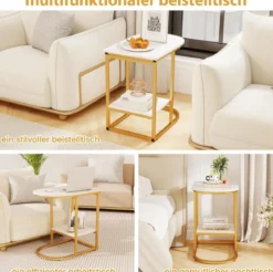 Beistelltisch mit Marmor Optik 2-stöckiger Sofatisch mit Ablagefläche C Form Kaffeetisch