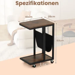 Beistelltisch mit Rollen C-Form Sofatisch Kaffeetisch Wohnzimmertisch mit Metallgestell
