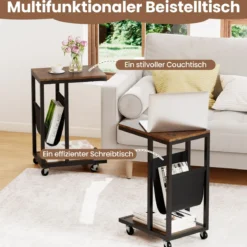 Beistelltisch mit Rollen C-Form Sofatisch Kaffeetisch Wohnzimmertisch mit Metallgestell