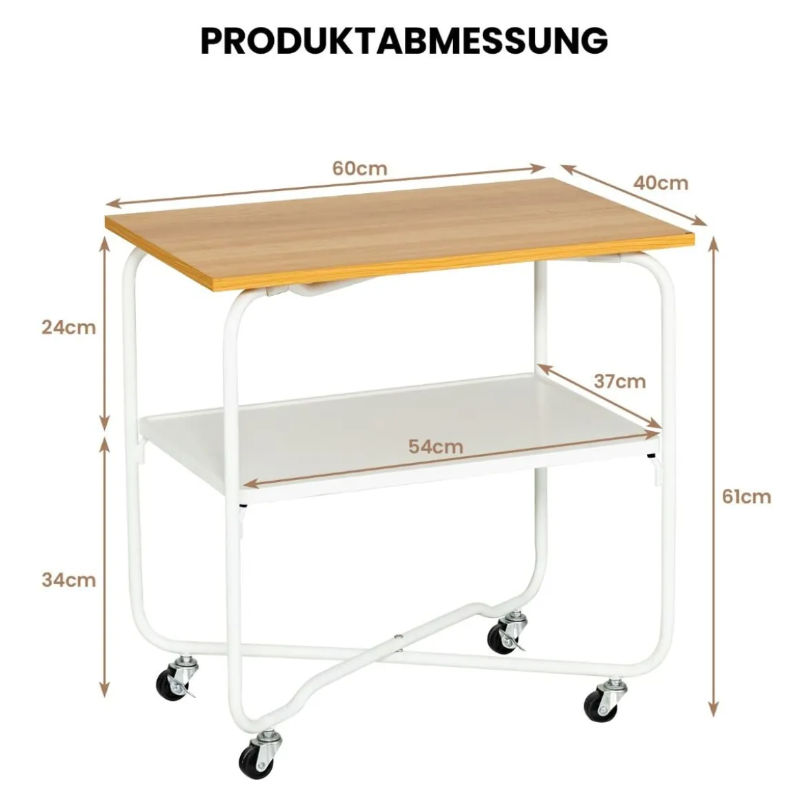 Beistelltisch mit Rollen & Holzablage & Metallrahmen Servierwagen 60 x 40 x 61 cm
