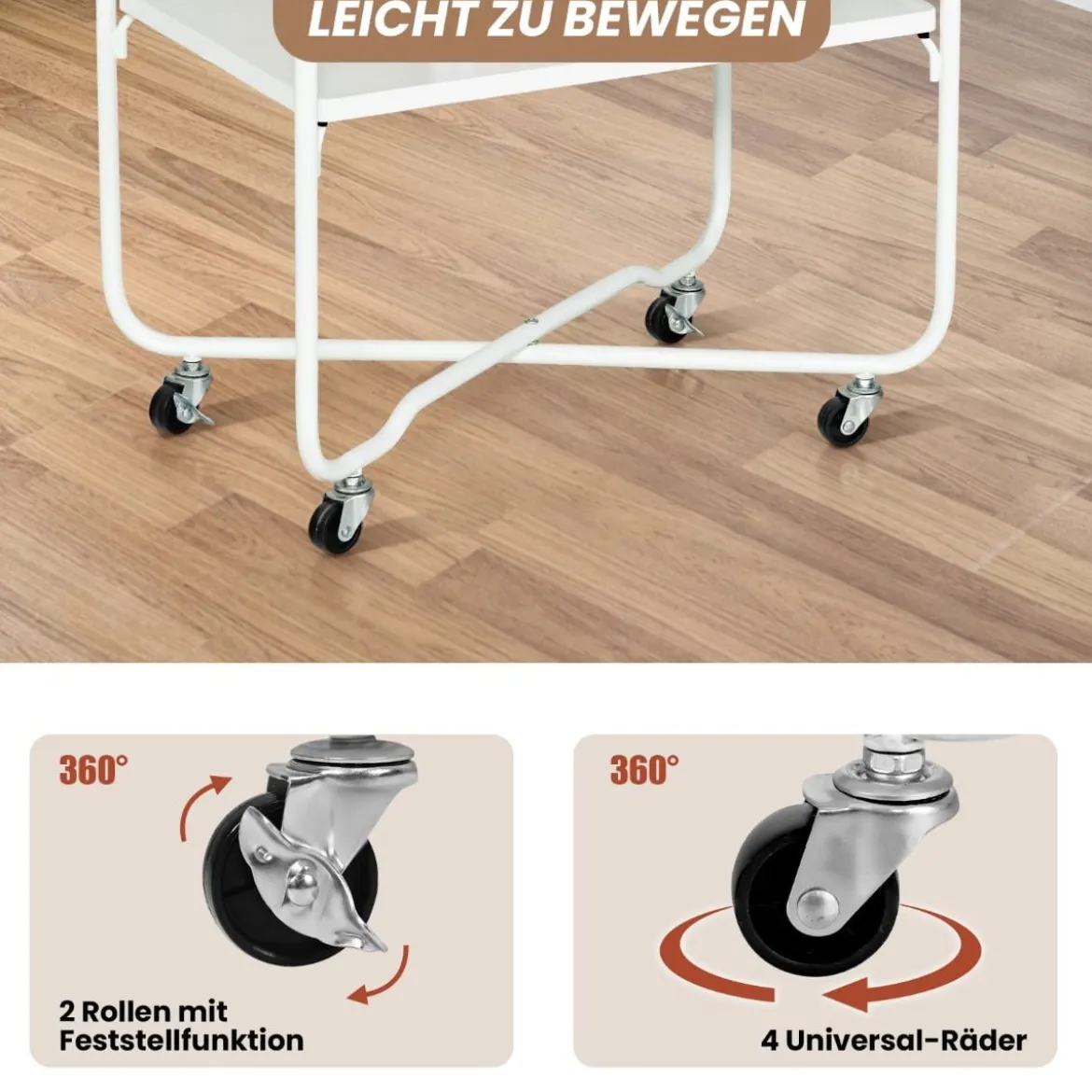 Beistelltisch mit Rollen & Holzablage & Metallrahmen Servierwagen 60 x 40 x 61 cm