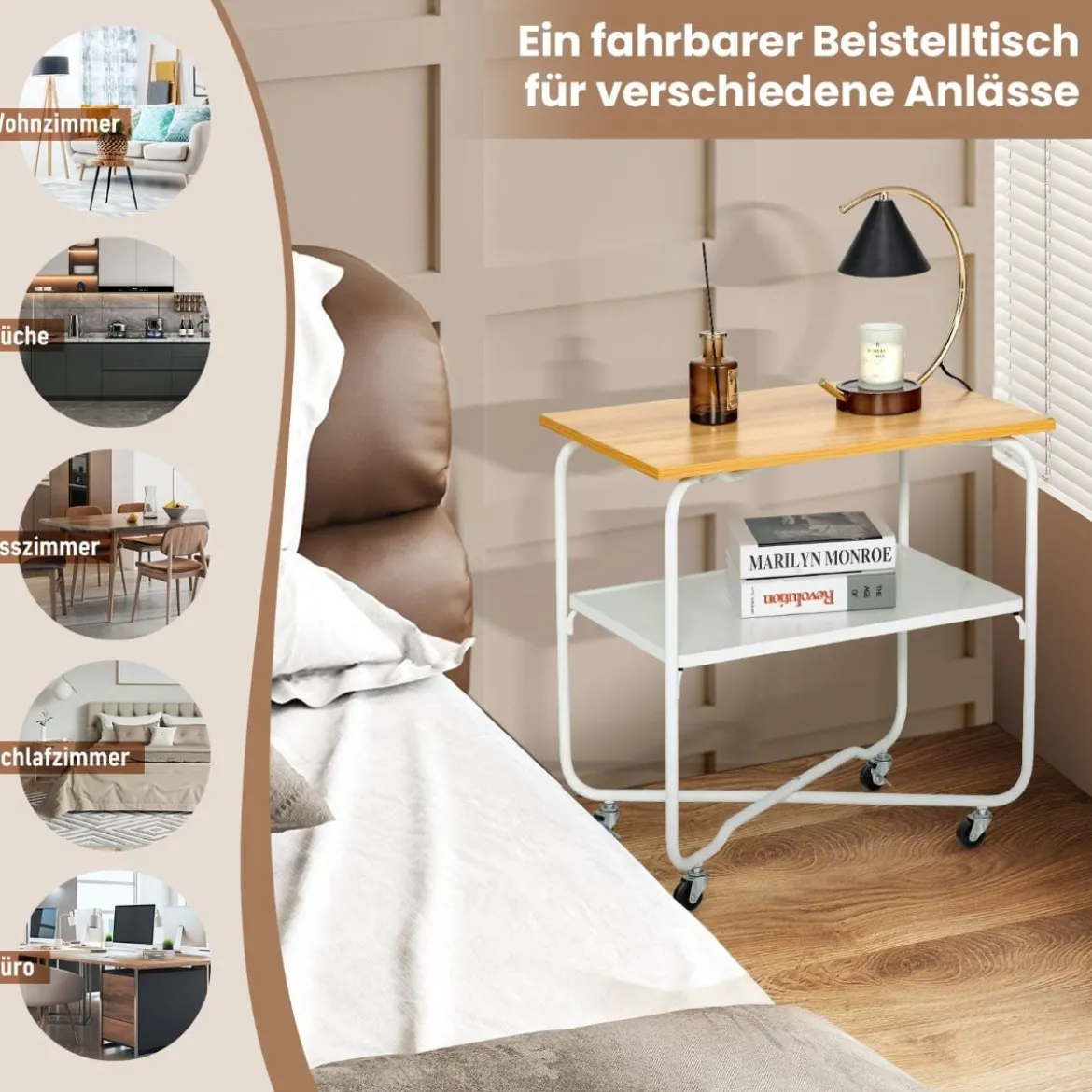 Beistelltisch mit Rollen & Holzablage & Metallrahmen Servierwagen 60 x 40 x 61 cm