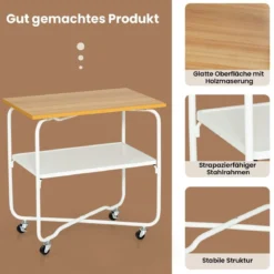 Beistelltisch mit Rollen & Holzablage & Metallrahmen Servierwagen 60 x 40 x 61 cm