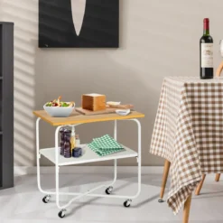 Beistelltisch mit Rollen & Holzablage & Metallrahmen Servierwagen 60 x 40 x 61 cm