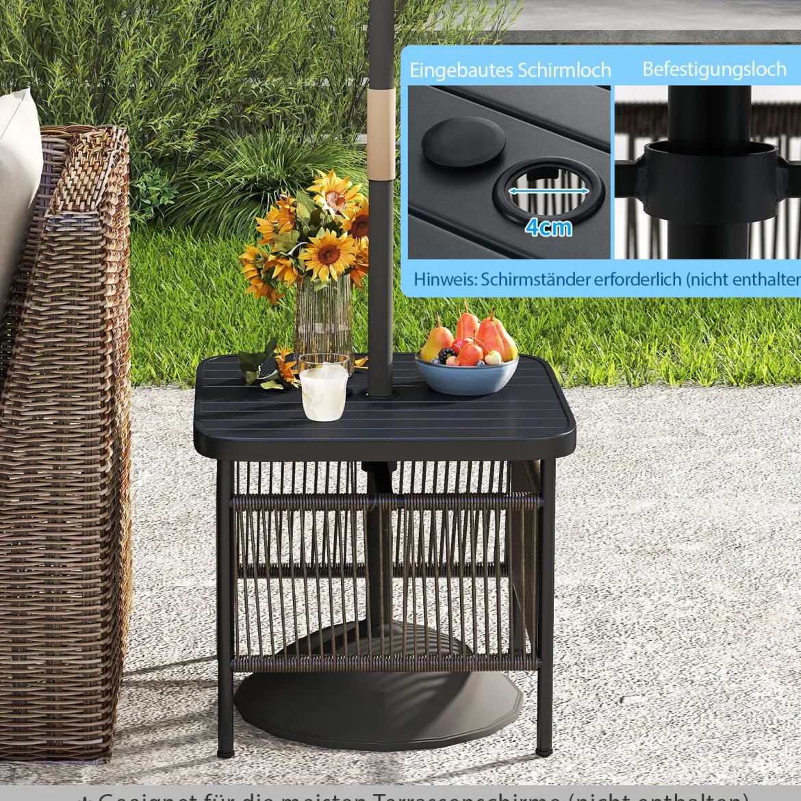 Beistelltisch Outdoor wetterfest Rattan Gartentisch mit Schirmloch kleiner Balkontisch Kaffeetisch für Garten 56 x 56 x 49 cm