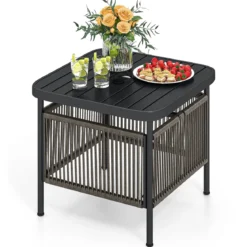 Beistelltisch Outdoor wetterfest Rattan Gartentisch mit Schirmloch kleiner Balkontisch Kaffeetisch für Garten 56 x 56 x 49 cm
