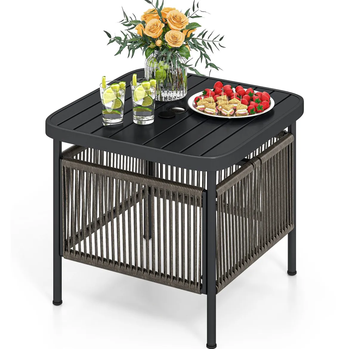 Beistelltisch Outdoor wetterfest Rattan Gartentisch mit Schirmloch kleiner Balkontisch Kaffeetisch für Garten 56 x 56 x 49 cm
