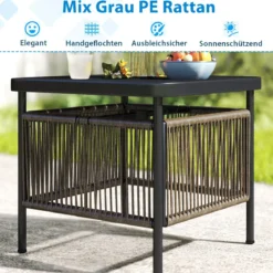 Beistelltisch Outdoor wetterfest Rattan Gartentisch mit Schirmloch kleiner Balkontisch Kaffeetisch für Garten 56 x 56 x 49 cm