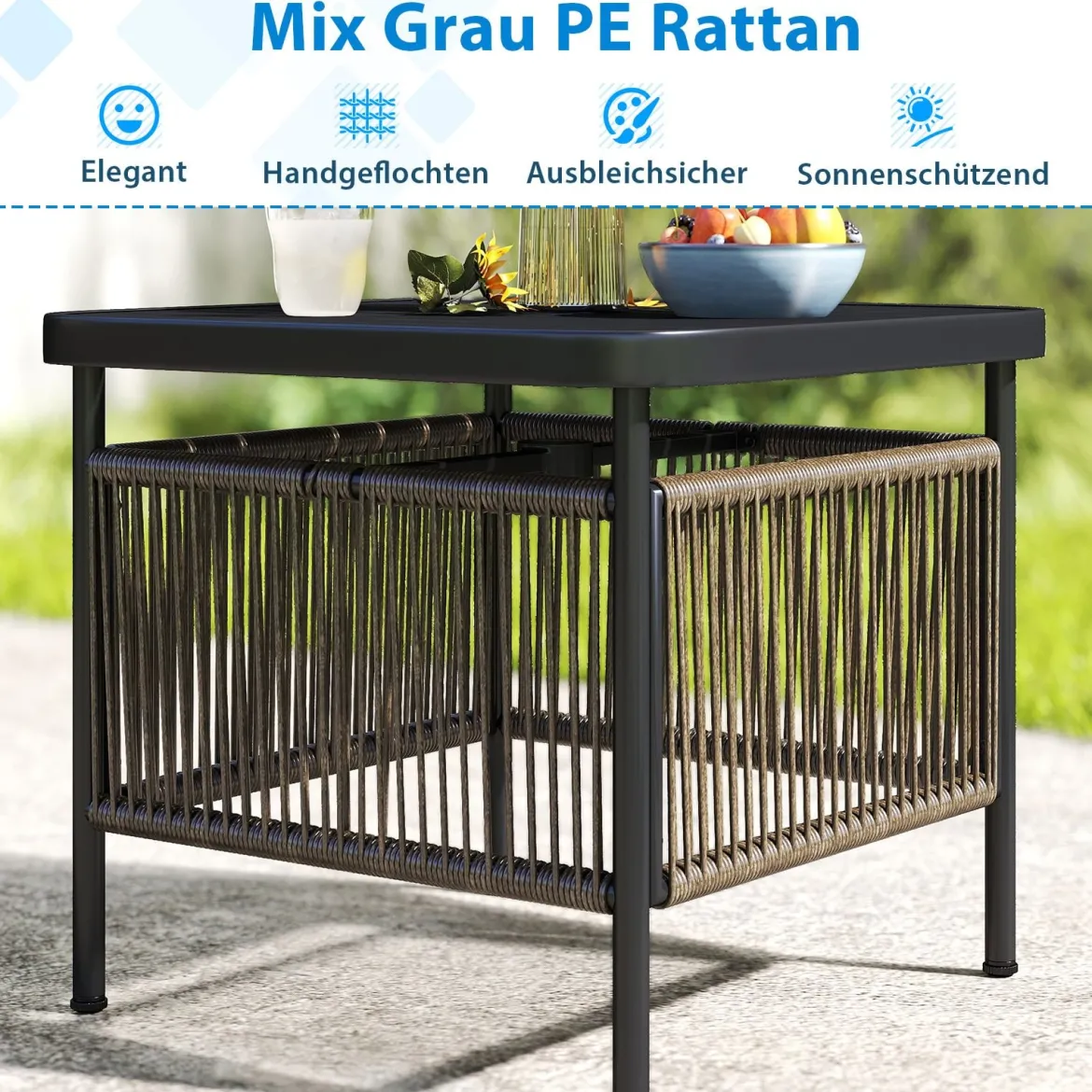 Beistelltisch Outdoor wetterfest Rattan Gartentisch mit Schirmloch kleiner Balkontisch Kaffeetisch für Garten 56 x 56 x 49 cm
