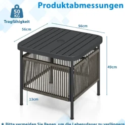 Beistelltisch Outdoor wetterfest Rattan Gartentisch mit Schirmloch kleiner Balkontisch Kaffeetisch für Garten 56 x 56 x 49 cm