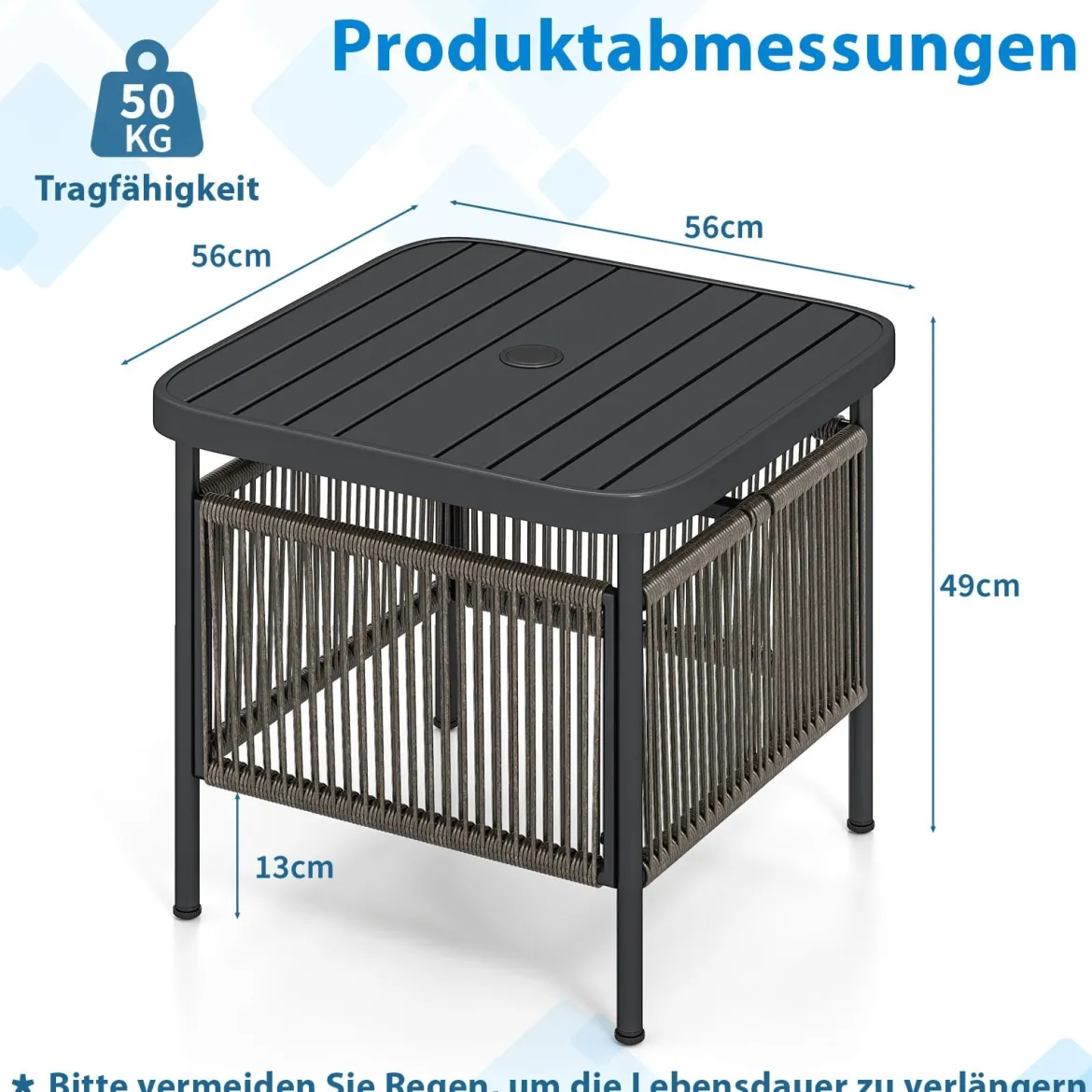 Beistelltisch Outdoor wetterfest Rattan Gartentisch mit Schirmloch kleiner Balkontisch Kaffeetisch für Garten 56 x 56 x 49 cm