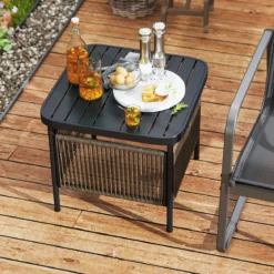 Beistelltisch Outdoor wetterfest Rattan Gartentisch mit Schirmloch kleiner Balkontisch Kaffeetisch für Garten 56 x 56 x 49 cm