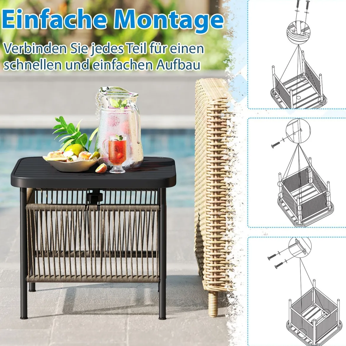 Beistelltisch Outdoor wetterfest Rattan Gartentisch mit Schirmloch kleiner Balkontisch Kaffeetisch für Garten 56 x 56 x 49 cm