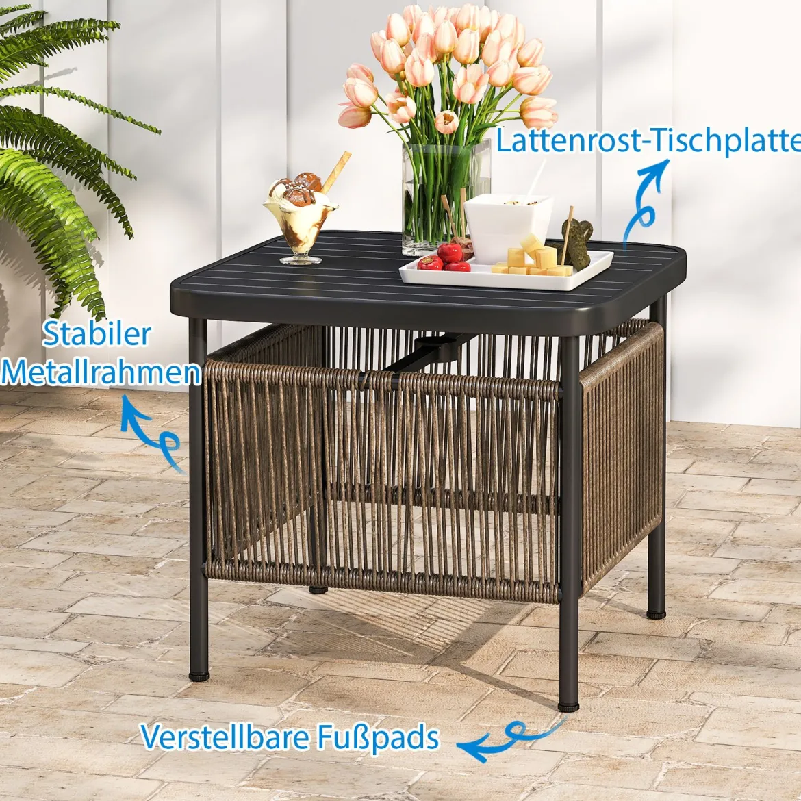 Beistelltisch Outdoor wetterfest Rattan Gartentisch mit Schirmloch kleiner Balkontisch Kaffeetisch für Garten 56 x 56 x 49 cm