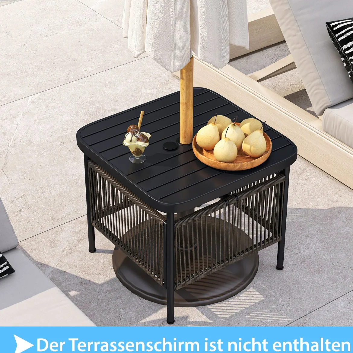 Beistelltisch Outdoor wetterfest Rattan Gartentisch mit Schirmloch kleiner Balkontisch Kaffeetisch für Garten 56 x 56 x 49 cm