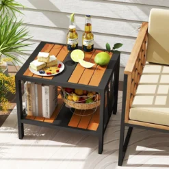 Beistelltisch Outdoor wetterfest Gartentisch mit Schirmloch kleiner Balkontisch mit Ablage 52 x 46 x 45 cm