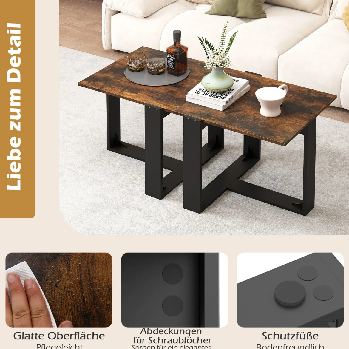 Beistelltisch quadratischer Tisch industrieller Nachttisch für kleine Räume Sofatisch für Wohnzimmer Braun