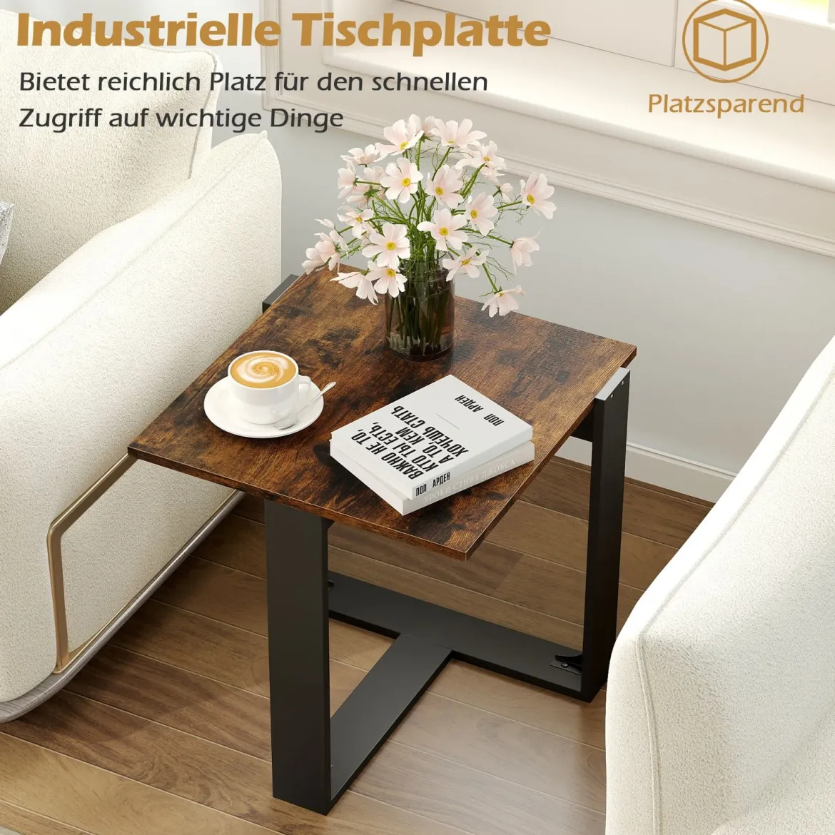 Beistelltisch quadratischer Tisch industrieller Nachttisch für kleine Räume Sofatisch für Wohnzimmer Braun