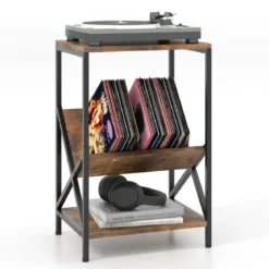 Beistelltisch 3-stufiger mit V-förmigem Zeitschriftenhalter 40 x 30 x 61 cm Rustikales Braun