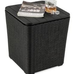Beistelltisch wetterfest Sitzhocker mit abnehmbarem Deckel und Stauraum 38,5 x 38,5 x 42,5 cm Schwarz